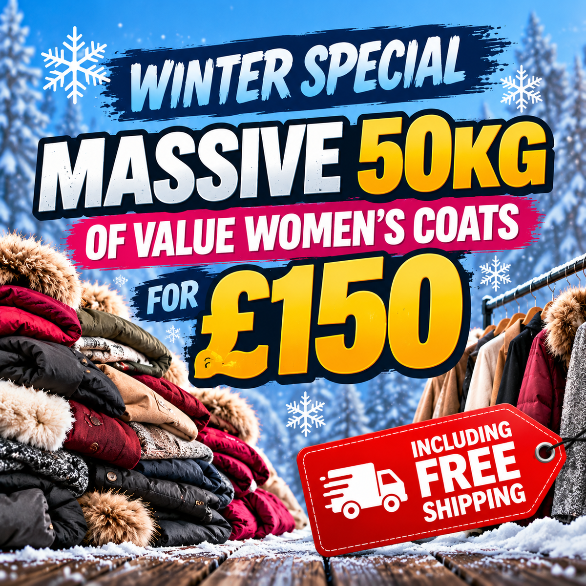 special offer on 50kg of wholesale second-hand value grade&nbsp;women's coats for just £150, including FREE UK mainland delivery. Each bundle contains an assorted selection of pre-loved women's winter coats in different styles, sizes and colours, offering excellent value for clothing resellers, market traders and online sellers.