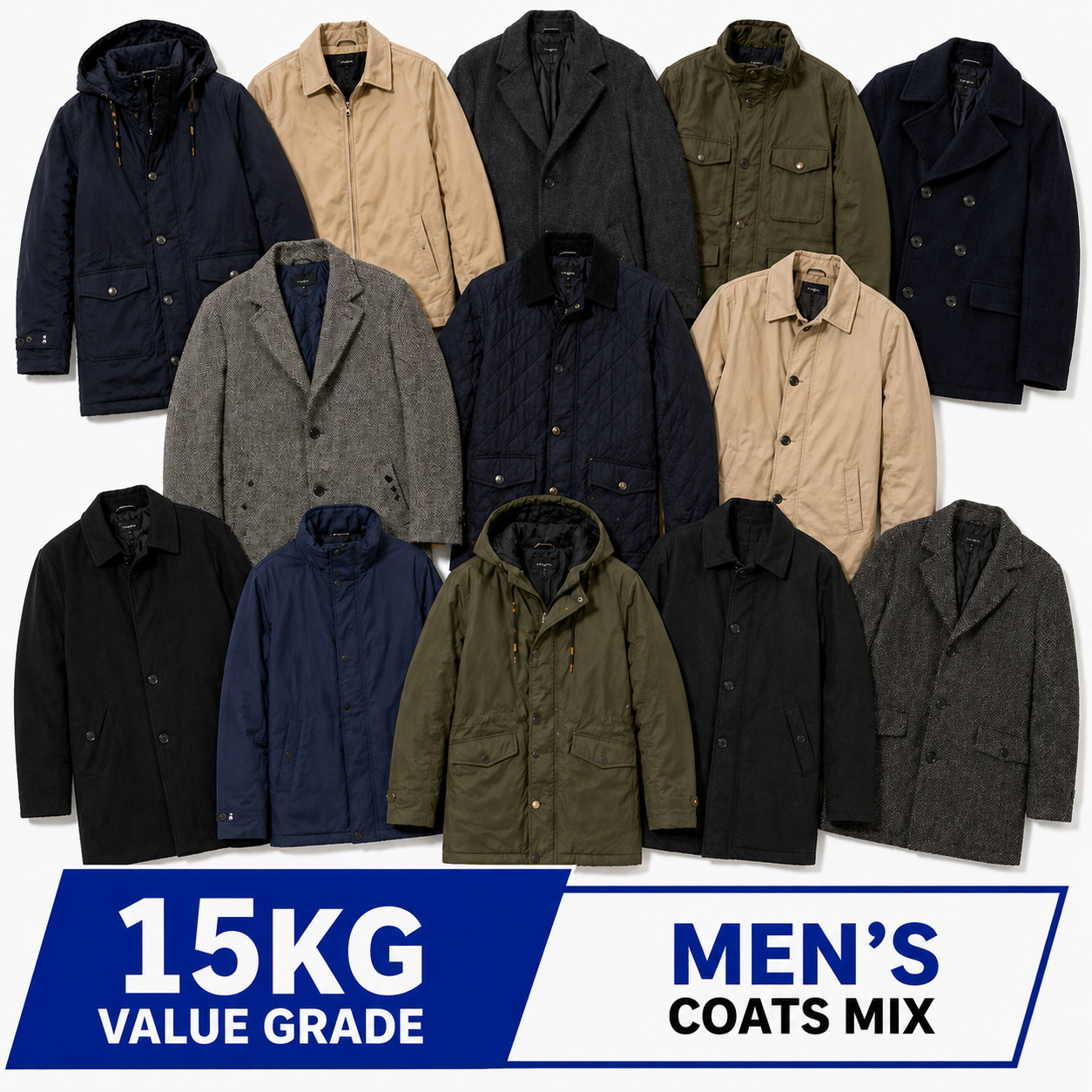Wholesale used men's coats mix 15kg value grade. Flat lay of assorted men's winter coats including parkas, quilted jackets, peacoats, wool coats and casual jackets in mixed colours on a white background. Ideal wholesale stock for clothing resellers and bulk buyers.