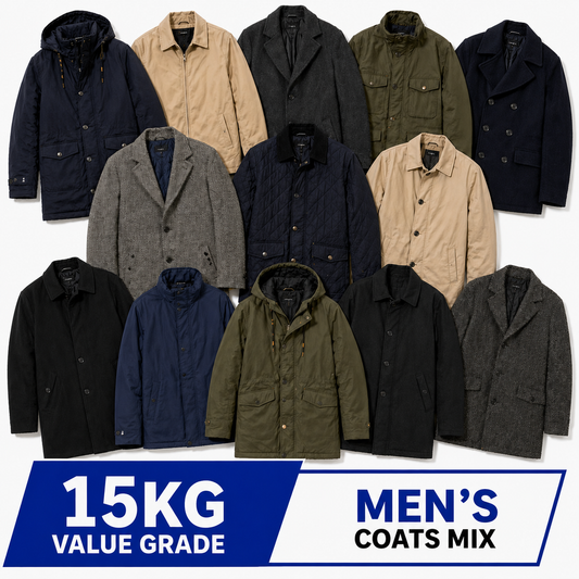 Wholesale used men's coats mix 15kg value grade. Flat lay of assorted men's winter coats including parkas, quilted jackets, peacoats, wool coats and casual jackets in mixed colours on a white background. Ideal wholesale stock for clothing resellers and bulk buyers.