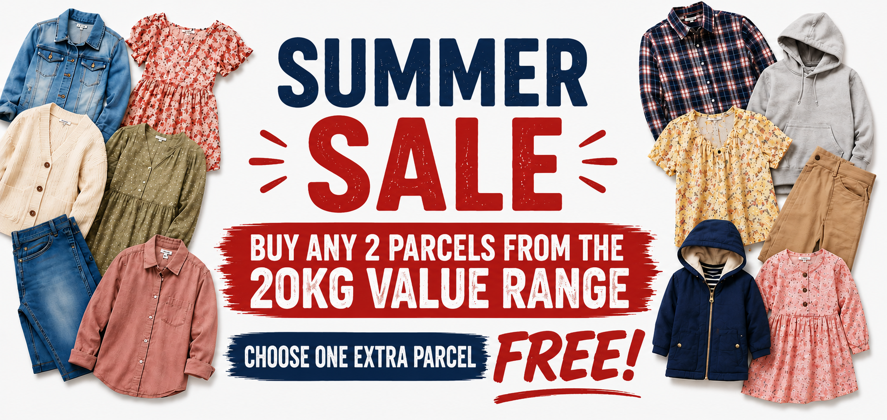 A promotional summer sale graphic showing multiple children's clothing items arranged around large sale text. The products include shirts, dresses, jeans, shorts, and hoodies in assorted colors.