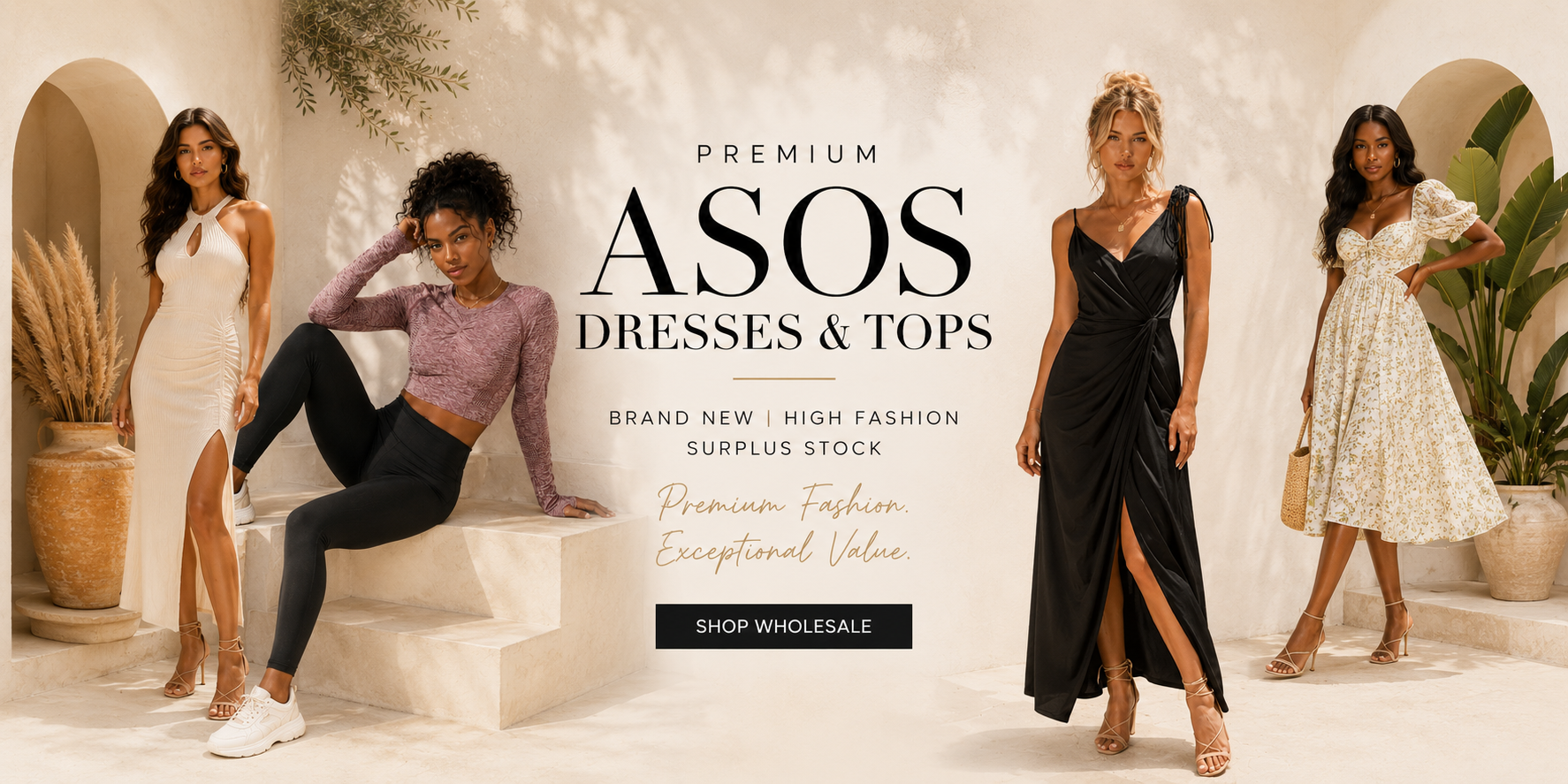 Promotional image of ASOS dresses and tops with models in various outfits against a neutral background.