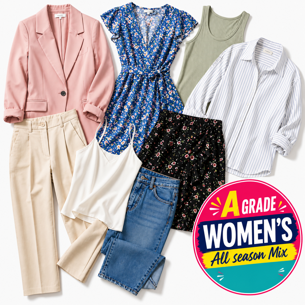 Flat lay of wholesale A Grade women's plus size 18+ used clothing on a white background, featuring dresses, tops, jeans, shorts and trousers. A colourful badge reads "A Grade Women's Plus Size 18+ Mix", highlighting a bulk reseller clothing bundle.