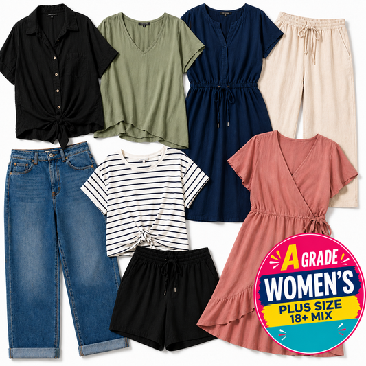 A collage of women's plus-size clothing options on a white background, including a black button-front top, olive green V-neck top, navy drawstring dress, cream drawstring pants, blue jeans, black shorts, white-and-navy striped tie-front top, and a dusty pink wrap dress. A circular badge reads 'A GRADE WOMEN'S PLUS SIZE 18+ MIX'.