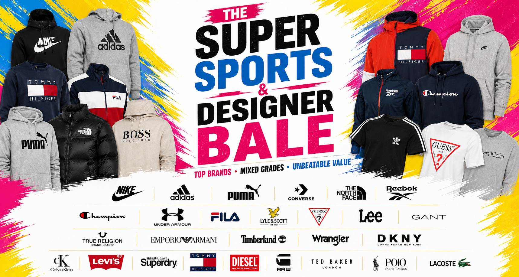 Promotional graphic for 'The Super Sports & Designer Bale' featuring a collection of various branded hoodies, jackets, and t-shirts from Nike, Adidas, Puma, Tommy Hilfiger, Reebok, Champion, and others, with a list of participating designer brands at the bottom.