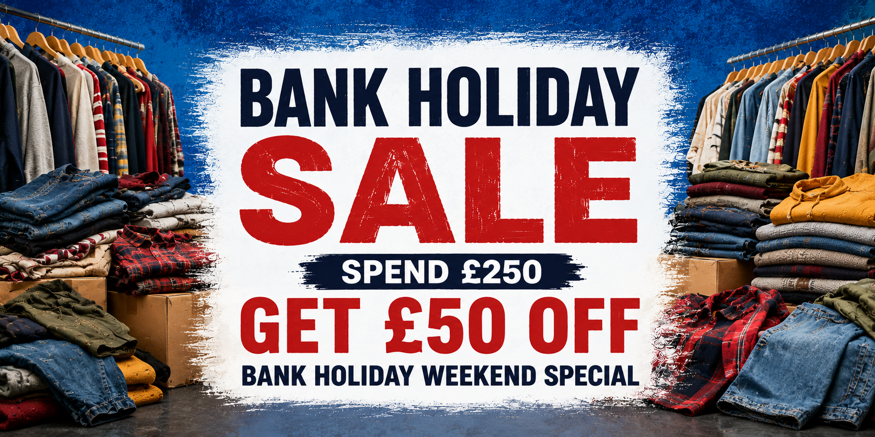 Promotional sale graphic for a clothing store with the text 'BANK HOLIDAY SALE', 'SPEND £250', 'GET £50 OFF', and 'BANK HOLIDAY WEEKEND SPECIAL' over a white distressed rectangle, with racks and stacks of folded and hanging clothes around it.
