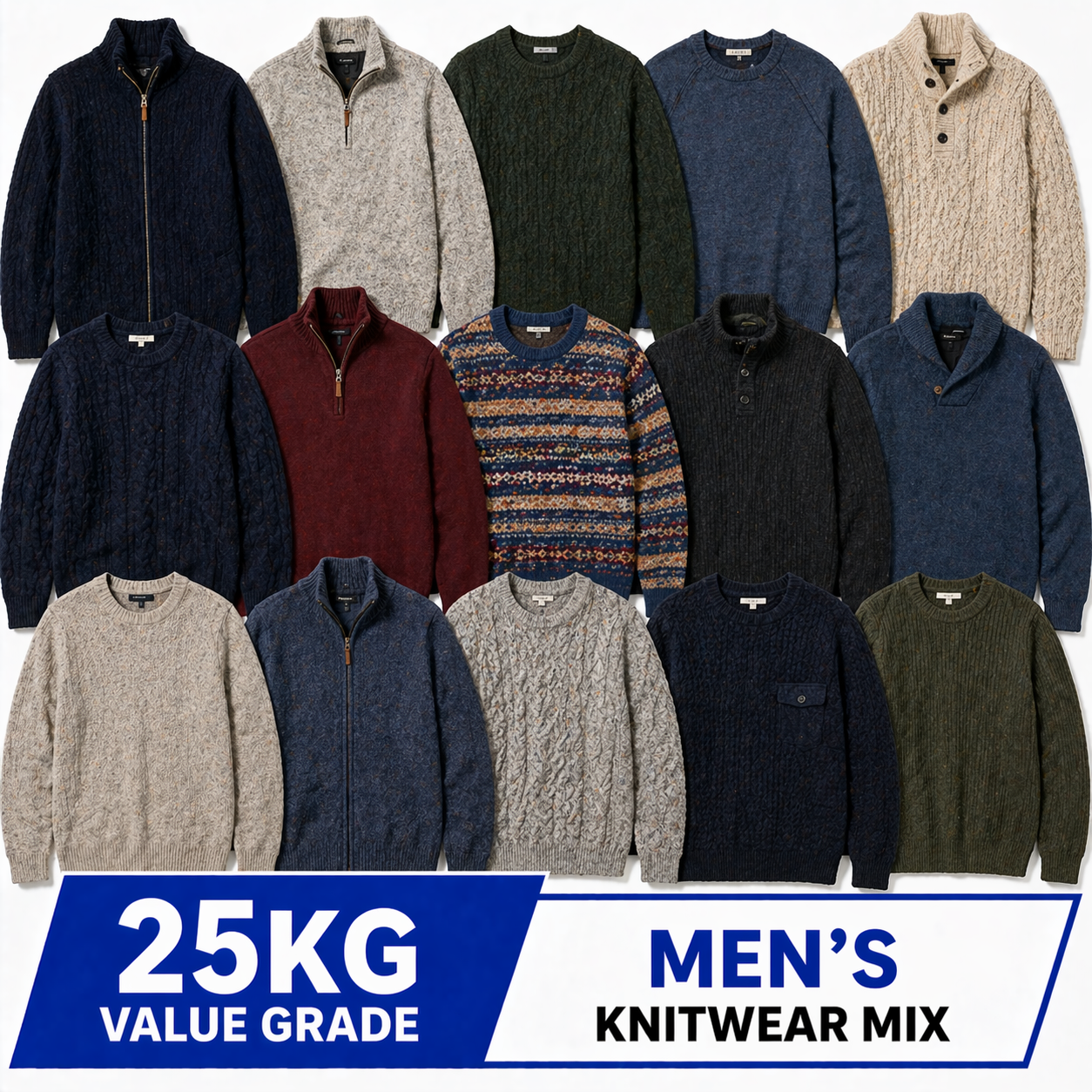 men’s knitwear such as jumpers, sweaters, and cardigans
