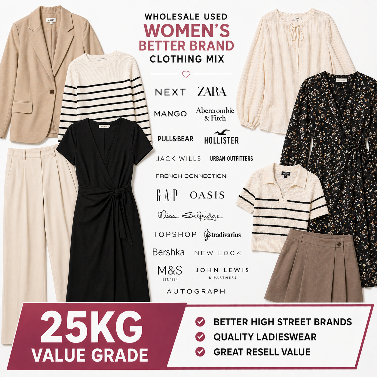 25kg wholesale box of used women’s better brand clothing. Mixed high street labels ideal for resellers