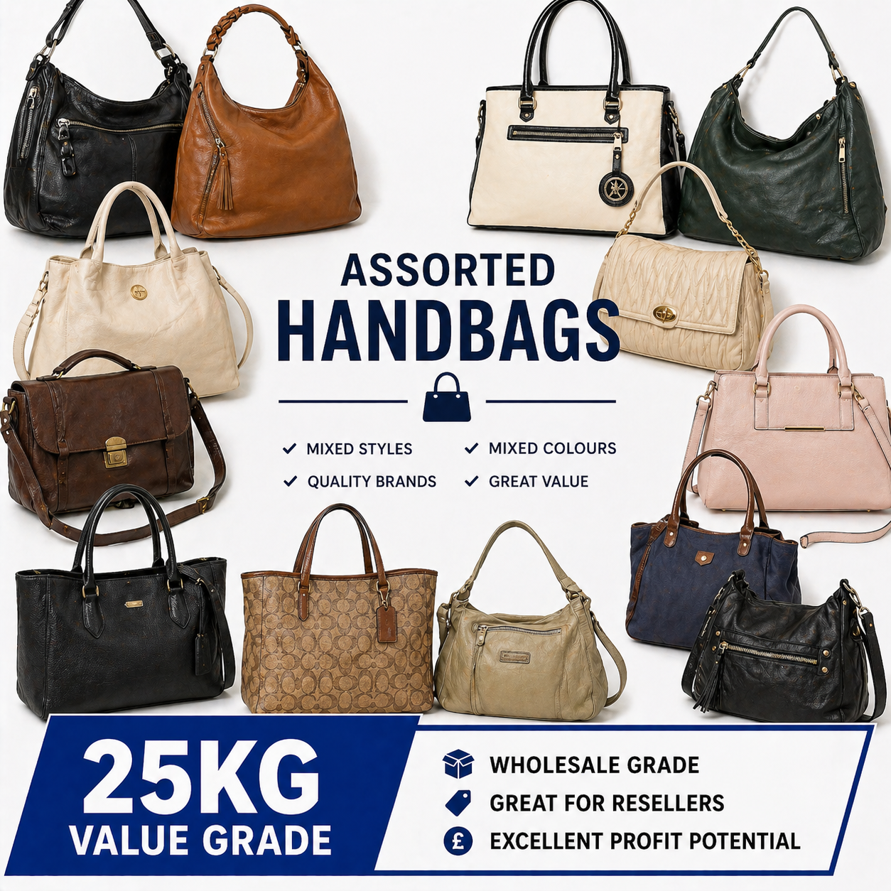A 25kg wholesale box of used assorted handbags, offering a mixed selection of styles