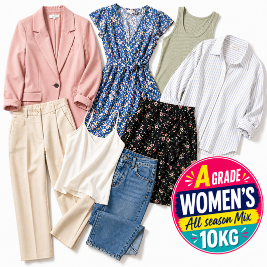Collection of women's clothing including a pink blazer, floral dress, green tank top, striped shirt, beige pants, and jeans on a white background with 'A Grade Women's All Season Mix 10KG' label.