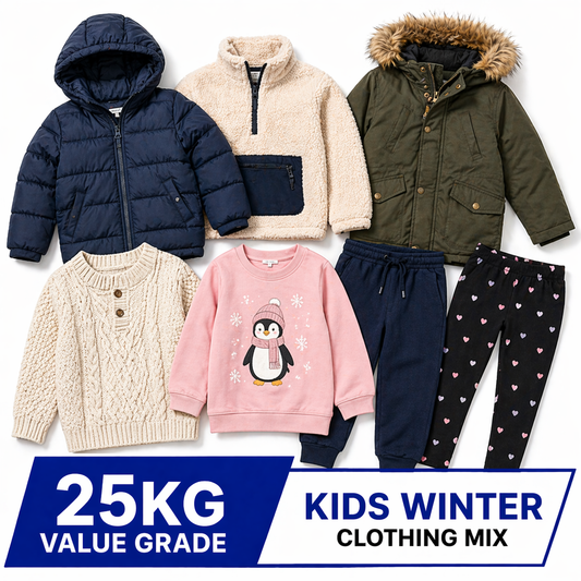 A 25kg wholesale box of used kids winter clothing, made up of warm, practical items suited to colder weather