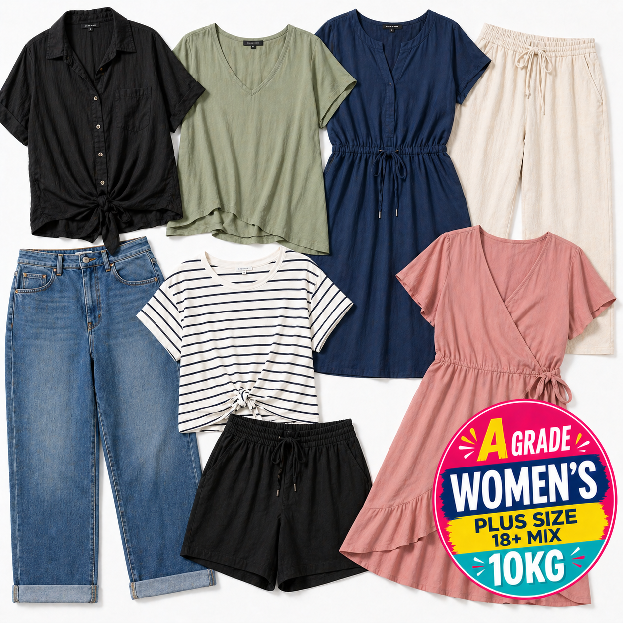 Collection of women's clothing including shirts, pants, and a dress on a white background with 'A Grade Women's Plus Size' label.