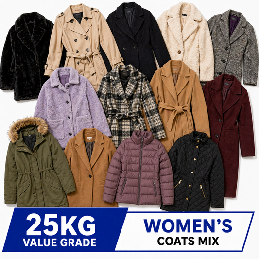Collection of women's coats with a '25KG Value Grade Women's Coats Mix' label.