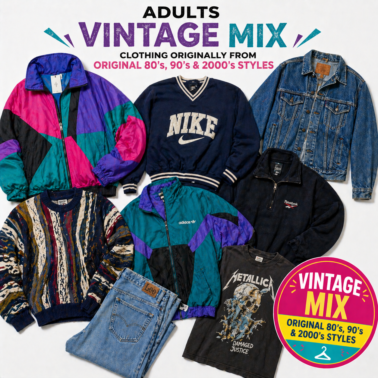 Vintage clothing mix from the 80s, 90s, and 2000s with brand logos on a white background.