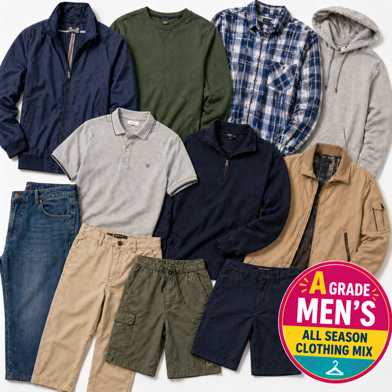 Collection of men's clothing including jackets, shirts, pants, and shorts on a white background with 'A Grade Men's All Season Clothing Mix' label.