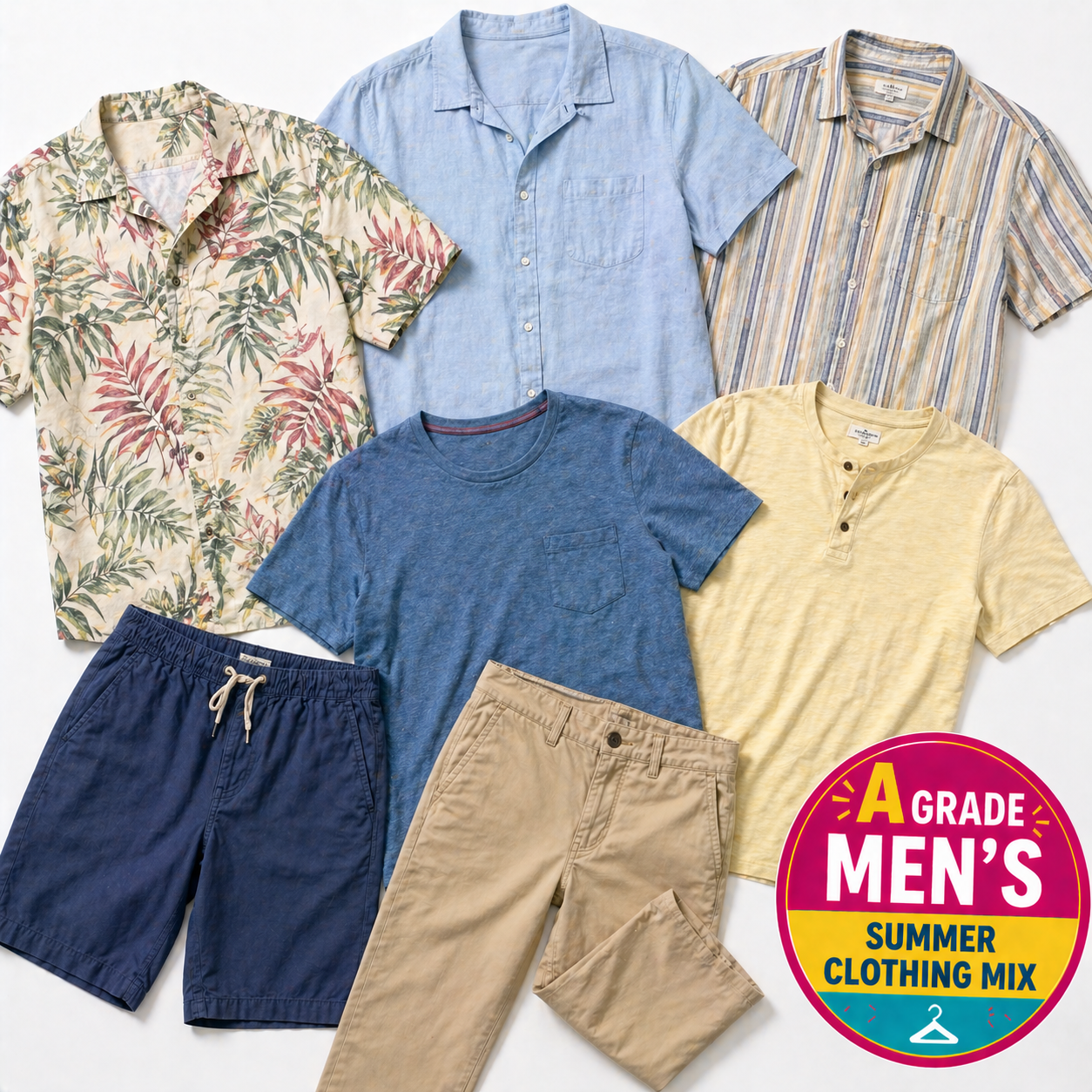 Collection of men's summer clothing including shirts and shorts on a white background with 'A Grade Men's Summer Clothing Mix' label.