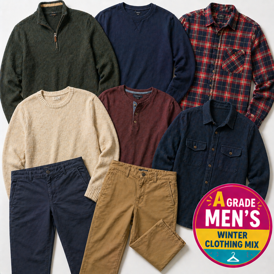 Collection of men's winter clothing including sweaters, shirts, and pants on a white background with 'A Grade Men's Winter Clothing Mix' label.