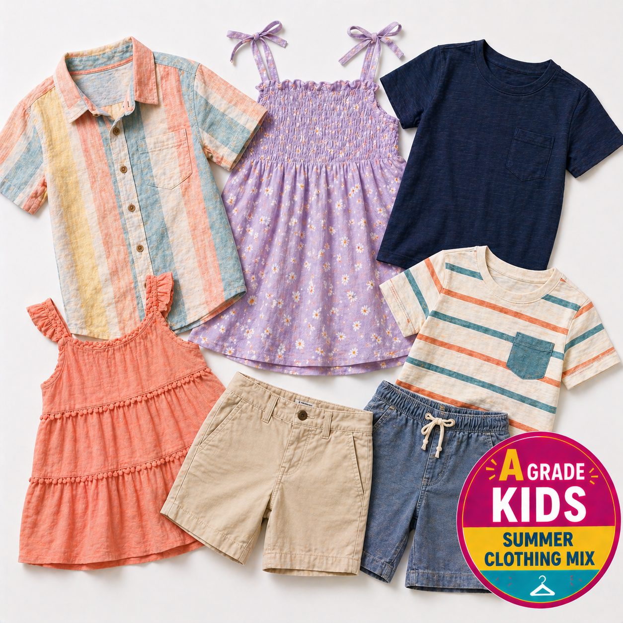 Collection of children's summer clothing including dresses, shirts, and shorts on a white background with 'A Grade Kids' branding.