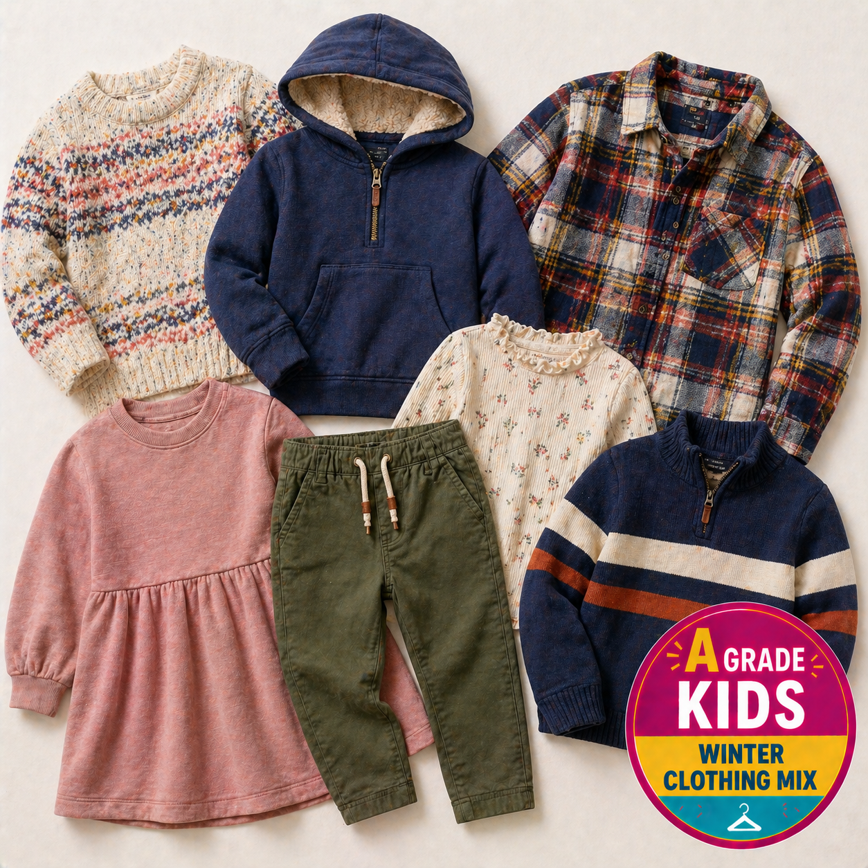 Collection of children's winter clothing including a sweater, hoodie, plaid shirt, dress, pants, and jackets on a light background with 'A Grade Kids' logo.
