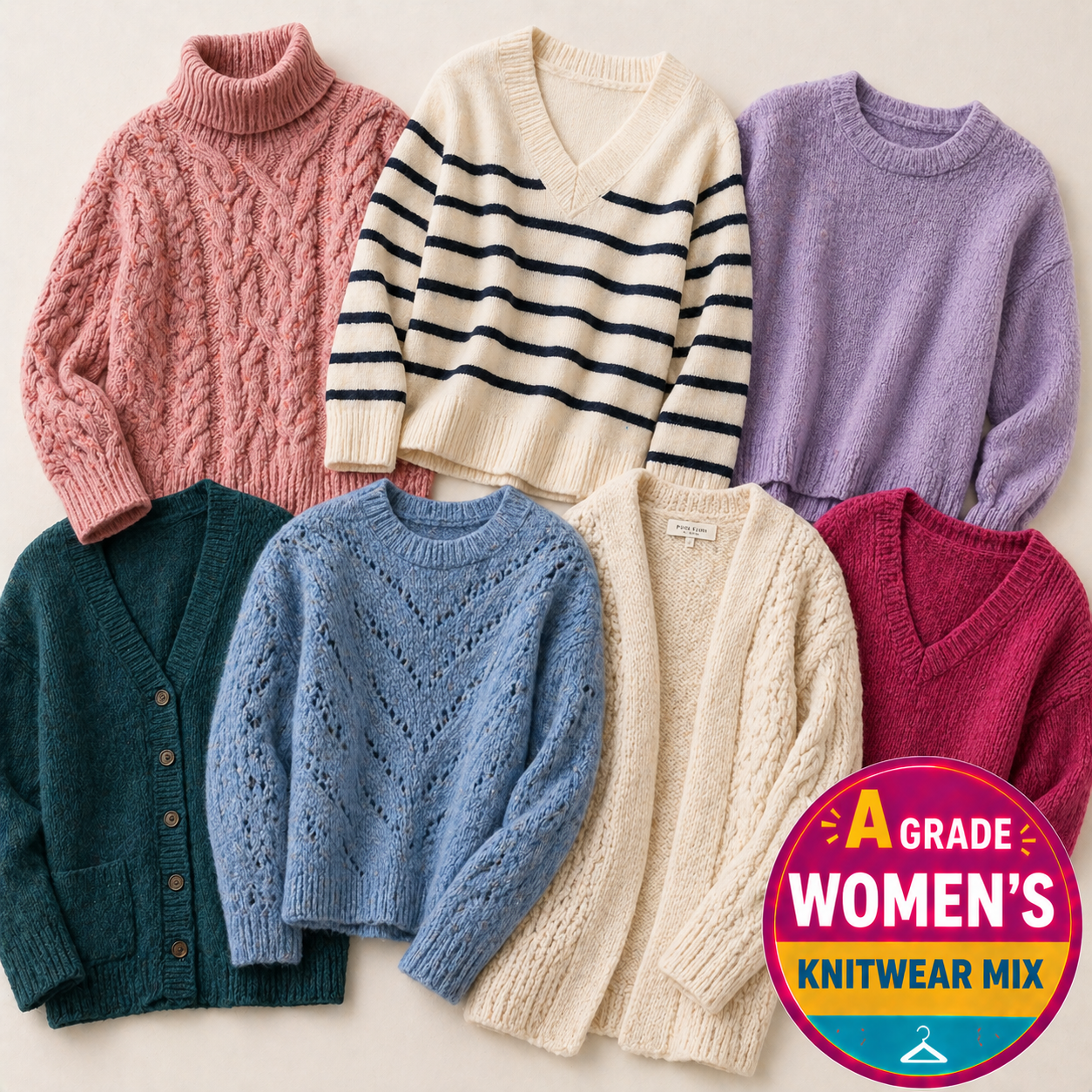 A grade second-hand women’s knitwear, made up of mixed garments suited to cooler weather and year-round layering.