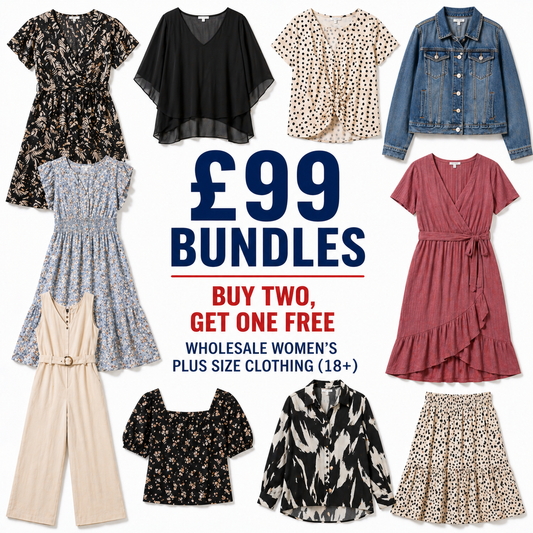 Collage of women's clothing items with promotional text for £99 bundles.