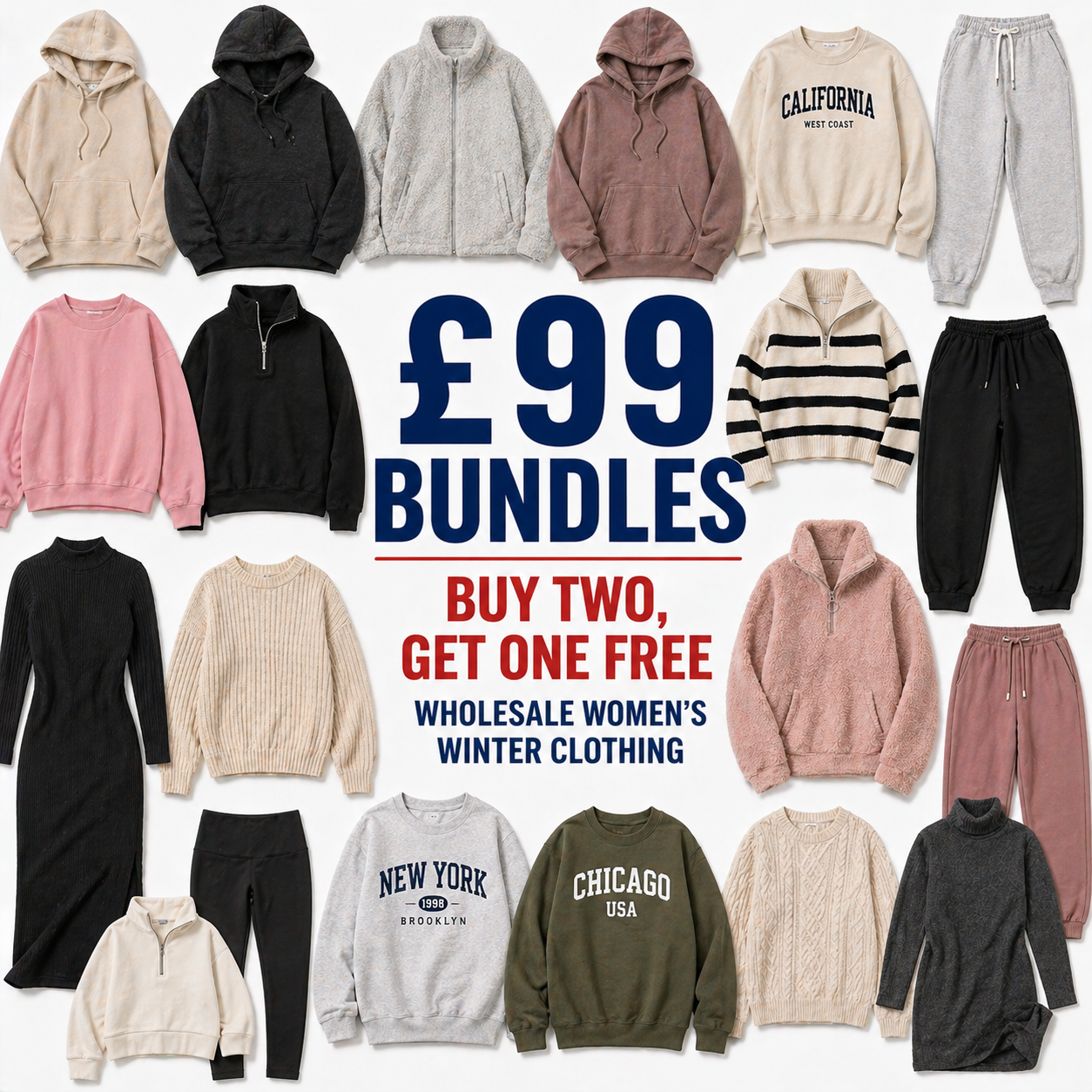 Collage of women's winter clothing with promotional text for bundles on a white background