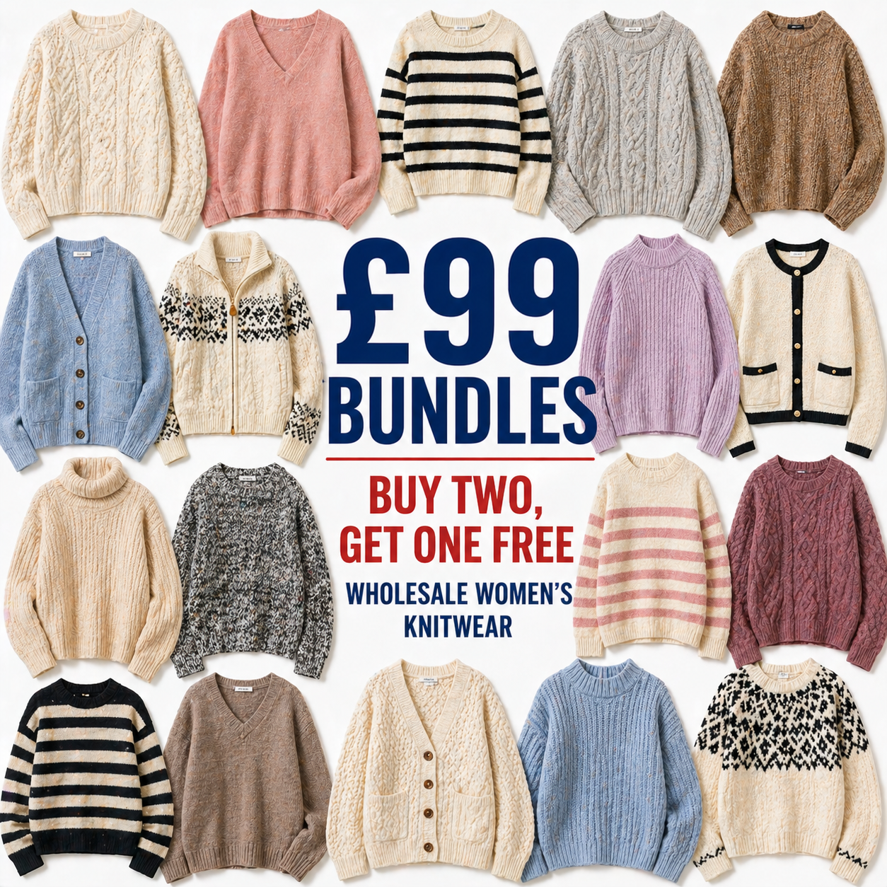 Collage of various knitwear sweaters with promotional text for bundles on a white background.