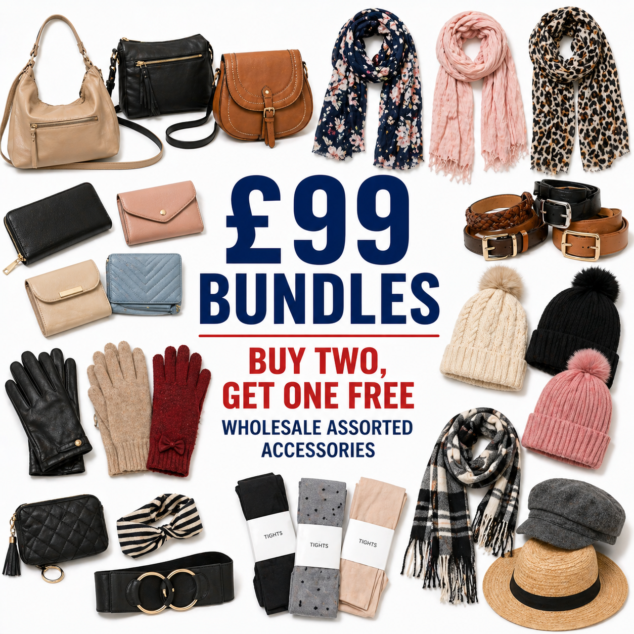 Assorted accessories including handbags, scarves, hats, and gloves with a promotional message on a white background.