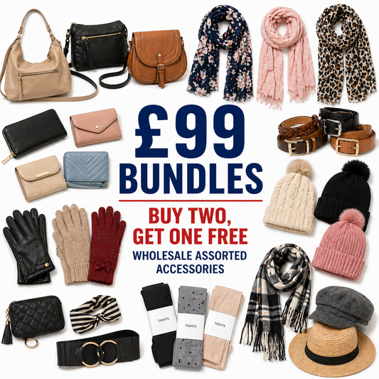 Assorted accessories including handbags, scarves, hats, and gloves with a promotional message on a white background.