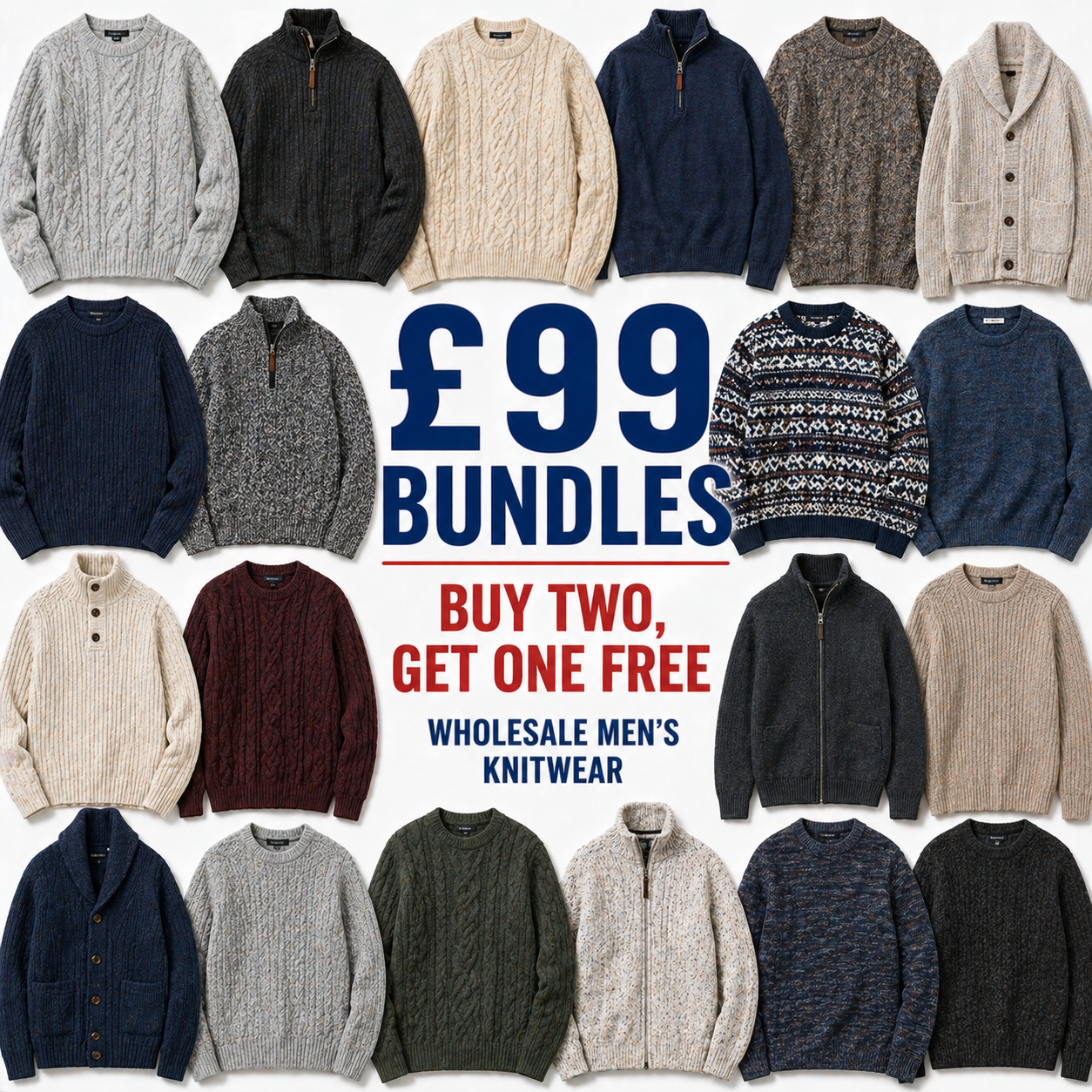 Collage of men's sweaters with promotional text for £99 bundles.