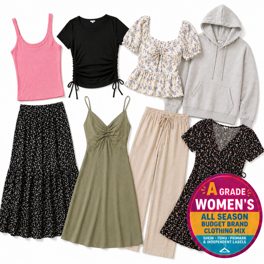 Collection of women's clothing items including tops, dresses, and pants with a label indicating 'A Grade Women's All Season Budget Brand Clothing Mix'.