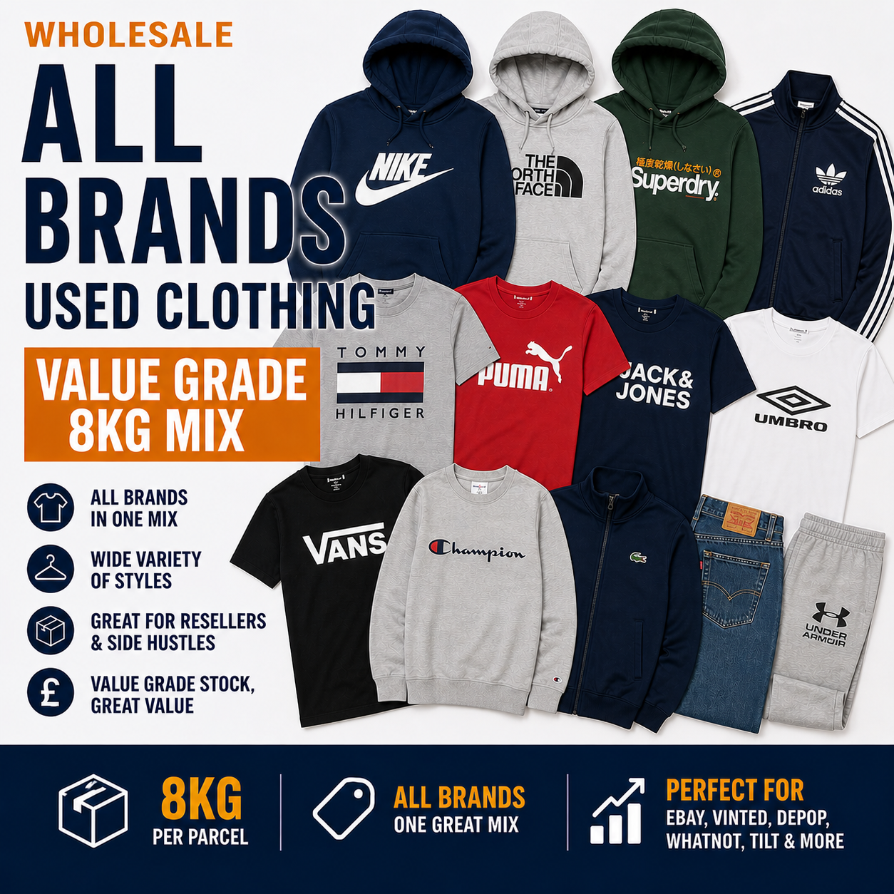 Collection of used clothing with brand logos on a white background, promoting wholesale used clothing.
