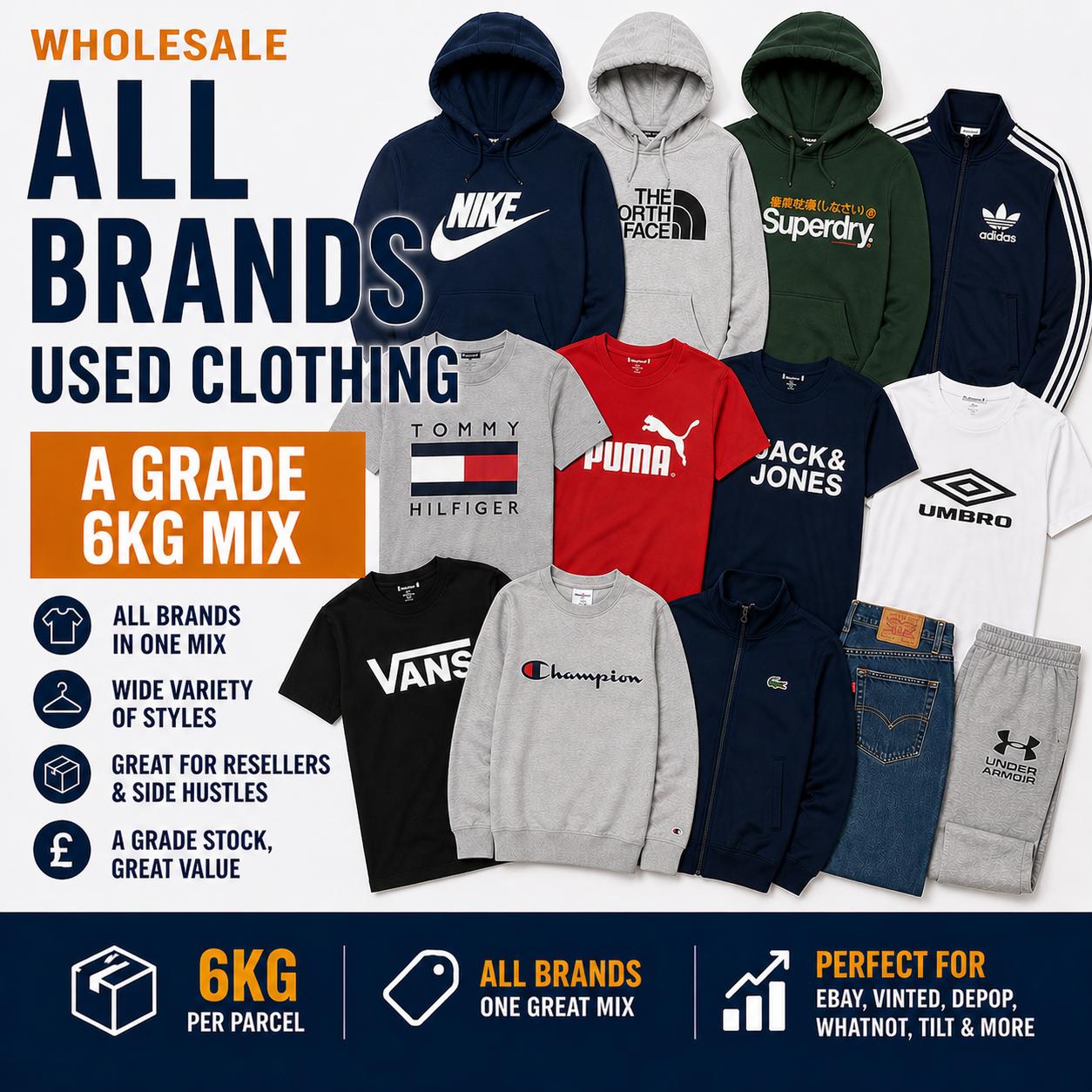 Wholesale used clothing mix with various brand logos on a white background