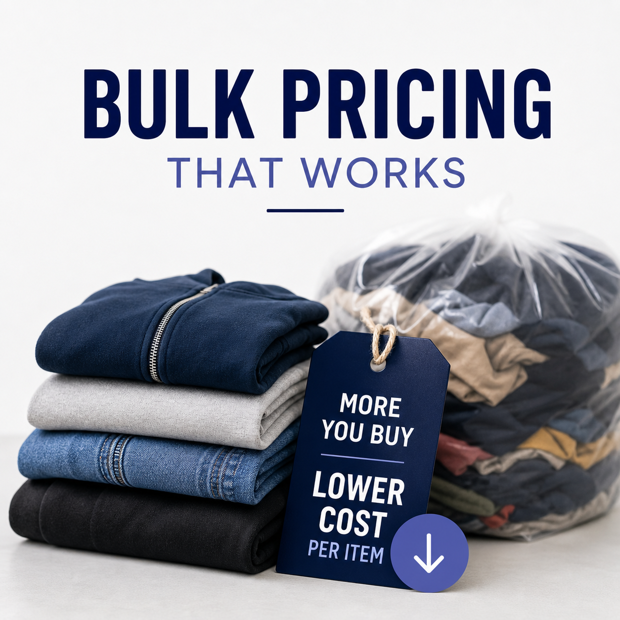 Stack of folded jeans with a bulk pricing tag and a bag of clothes in the background on a light gray background.