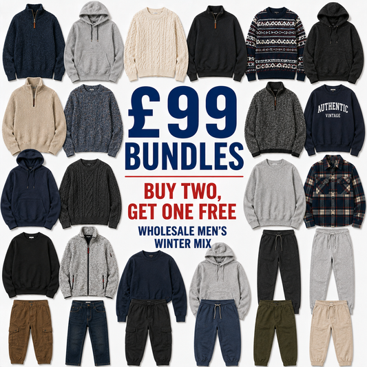 Collage of men's winter clothing with promotional text for bundles and free items.