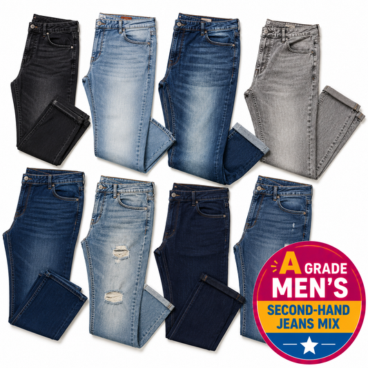 Collection of men's second-hand jeans in various colors on a white background with 'A Grade Men's Second-Hand Jeans Mix' label.