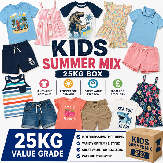 Collage of kids' summer clothing with promotional text about a 25kg box mix.