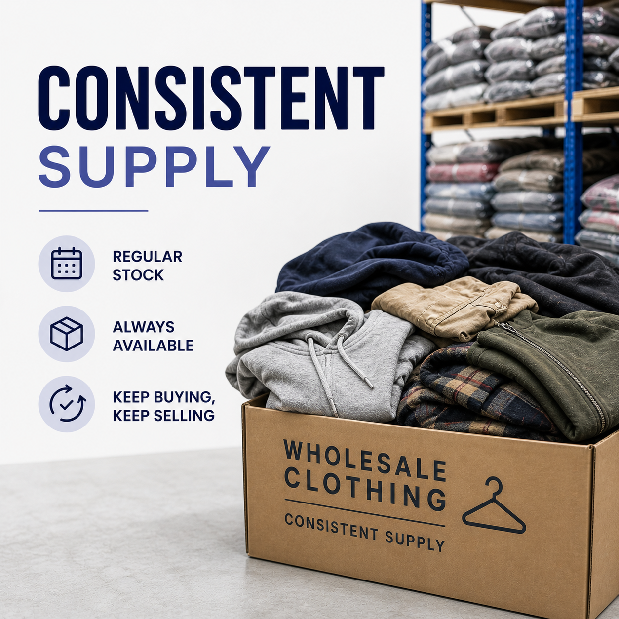 Box of wholesale clothing with text about consistent supply in a warehouse setting