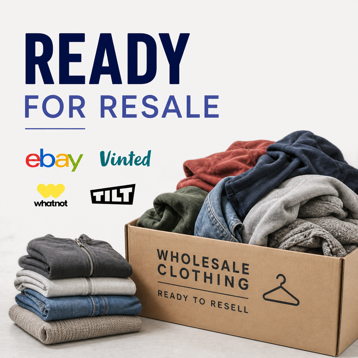 Box of wholesale clothing with text 'Ready for Resale' and logos of platforms like eBay, Vinted, Whatnot, and Tilt.