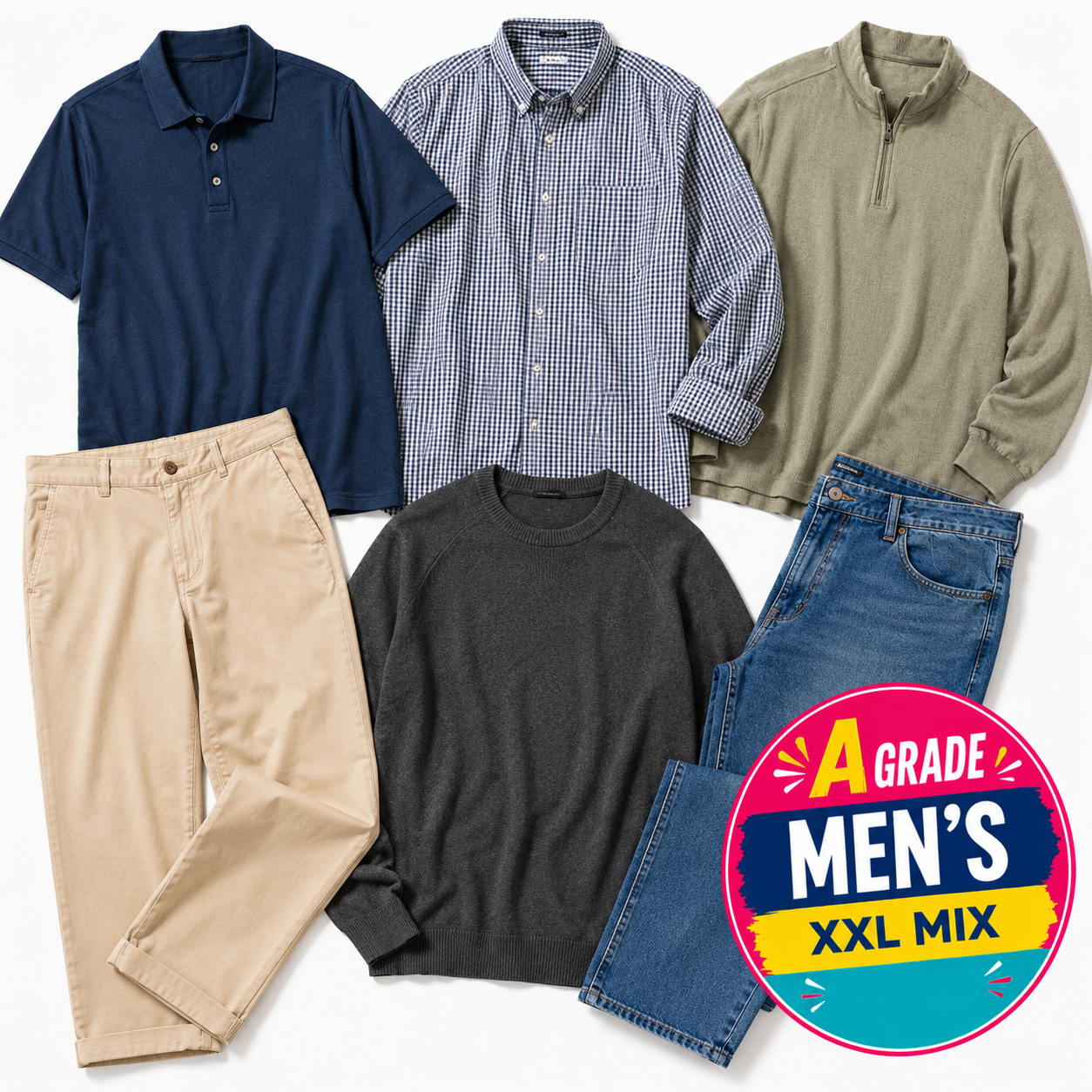 A flat lay of a men's clothing mix including a navy polo shirt, a blue-and-white check button-down shirt, an olive green quarter-zip pullover, beige chinos, a dark charcoal t-shirt, and blue jeans, with a circular 'A Grade Men's XXL Mix' badge in the lower right corner.