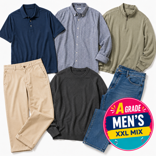 A flat lay of a men's clothing mix including a navy polo shirt, a blue-and-white check button-down shirt, an olive green quarter-zip pullover, beige chinos, a dark charcoal t-shirt, and blue jeans, with a circular 'A Grade Men's XXL Mix' badge in the lower right corner.