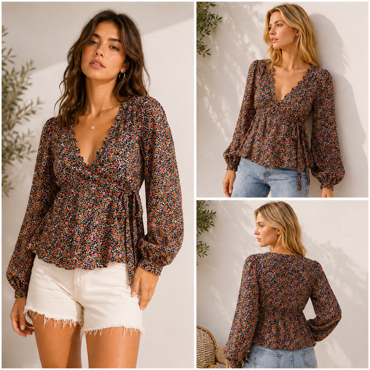 Woman wearing a floral blouse in various poses against a neutral background