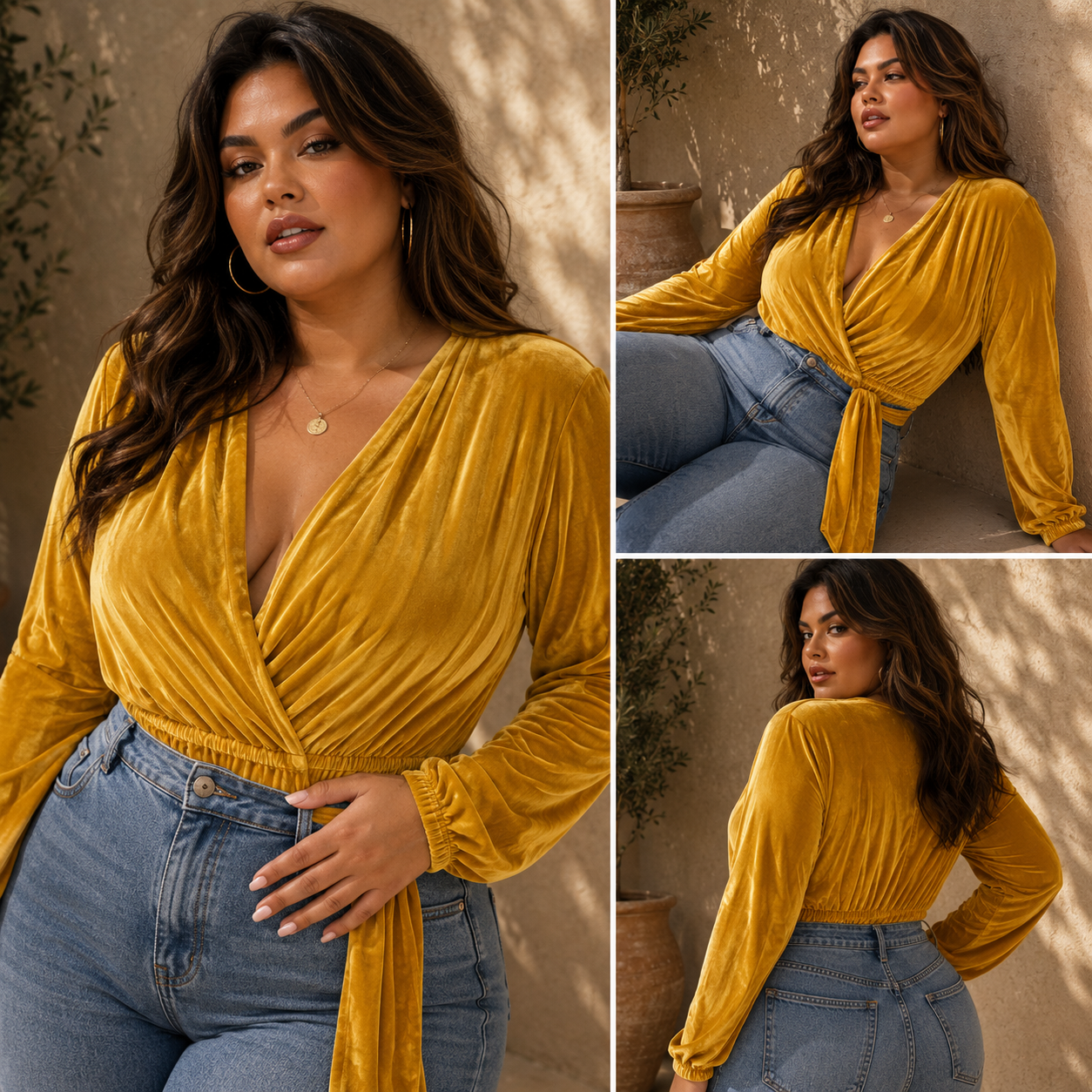 Woman wearing a mustard yellow top and blue jeans in a collage format.