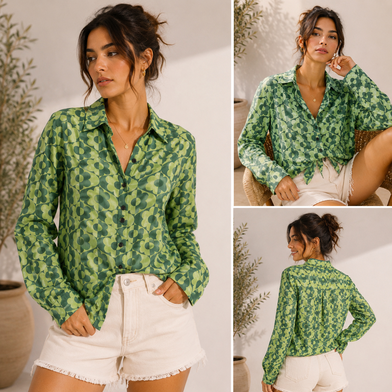 Woman wearing a green patterned shirt and white shorts in a casual setting.
