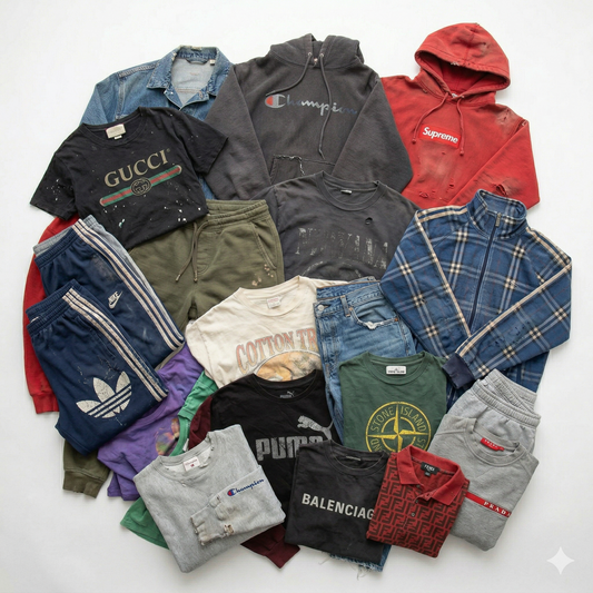 wholesale C grade clothing bundle contains a mix of branded and sportswear garments sourced from UK collections, intended for rework, repair or upcycling.
