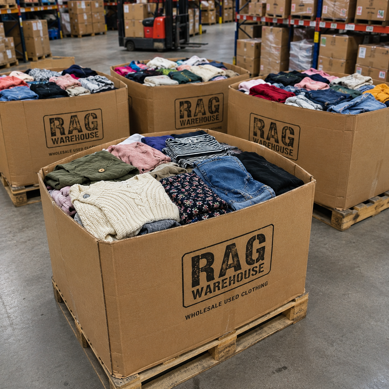 Three large cardboard boxes filled with folded clothing on wooden pallets in a warehouse setting. The front box prominently displays the text 'RAG WAREHOUSE' and 'WHOLESALE USED CLOTHING'.