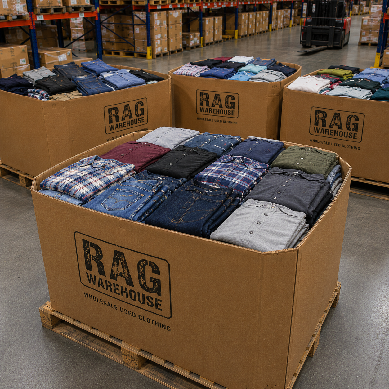 Large cardboard bins filled with folded clothing on wooden pallets in a warehouse setting. The front bin is labeled 'RAG WAREHOUSE WHOLESALE USED CLOTHING' and contains neatly folded shirts and jeans in multiple colors.