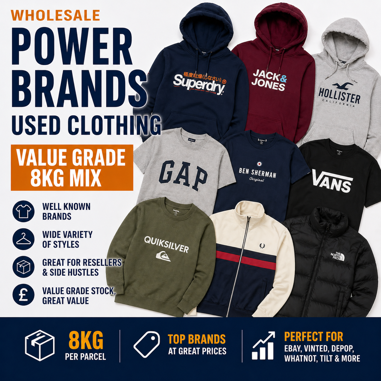 Wholesale used clothing with various brand logos on a blue background