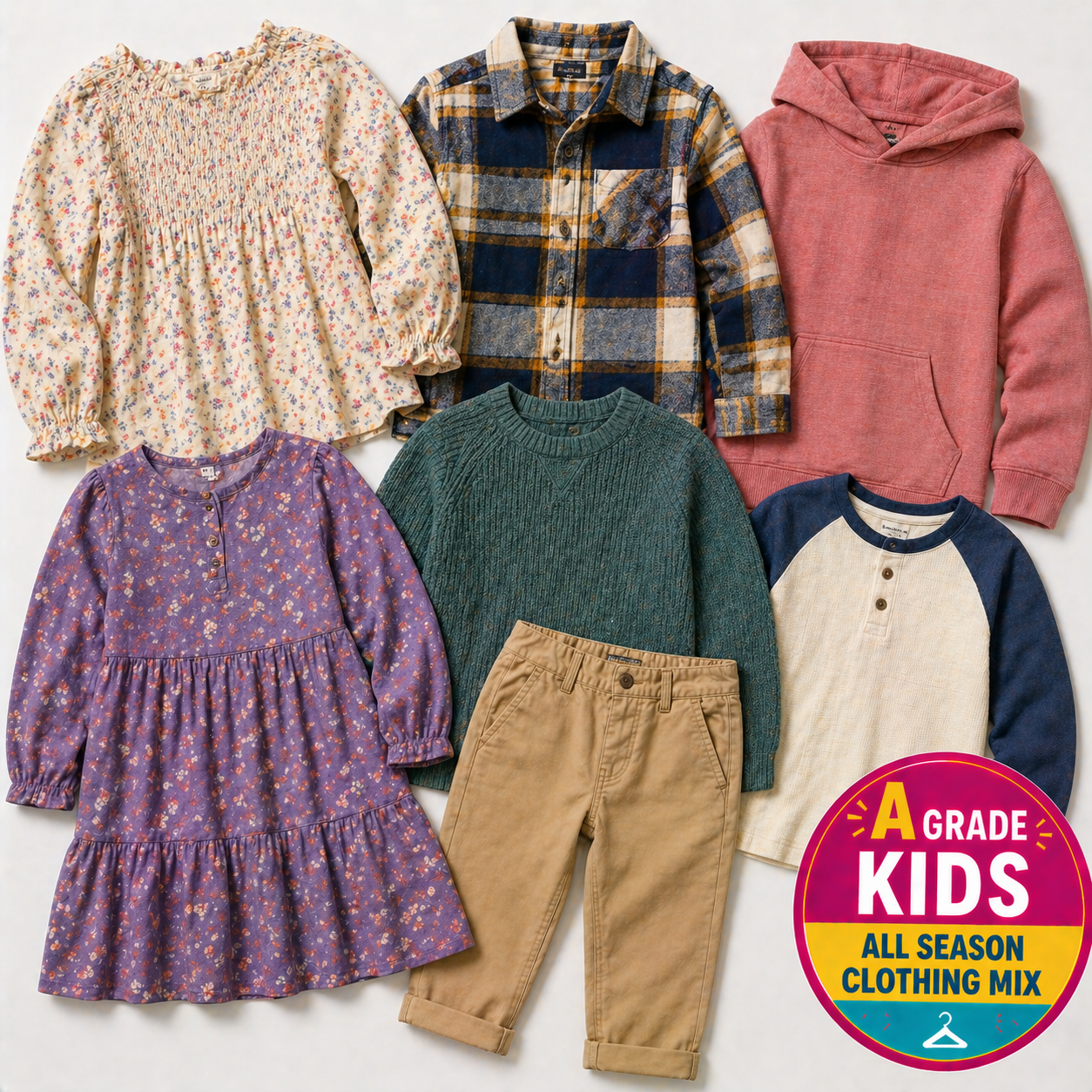 wholesale parcel of A grade used kids clothing, made up of mixed garments suitable for year-round resale.