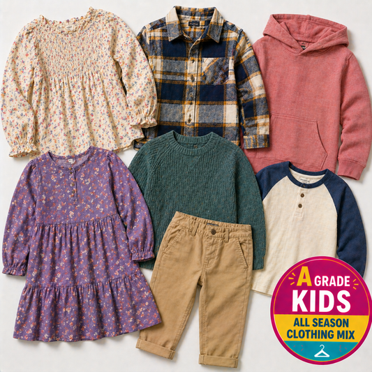wholesale parcel of A grade used kids clothing, made up of mixed garments suitable for year-round resale.