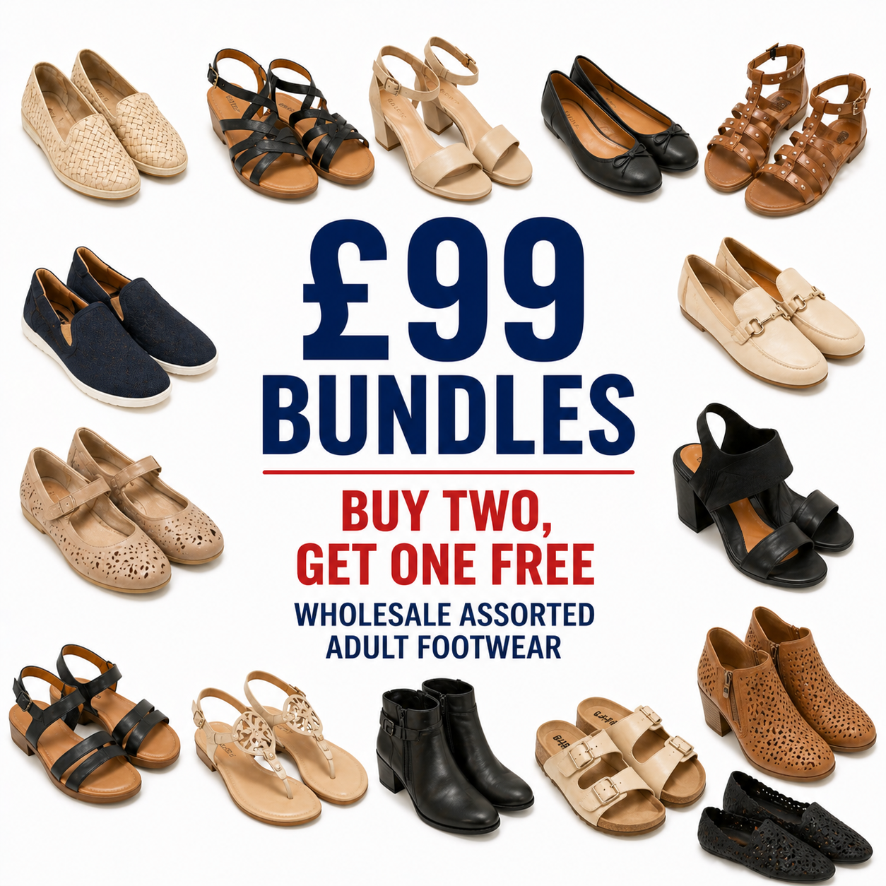 Assorted adult footwear with a promotional message for bundles on a white background